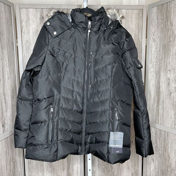 Eddie Bauer Sun Valley Down Jacket Parka Black Color Fur Removable Hood XL - Picture 1 of 12